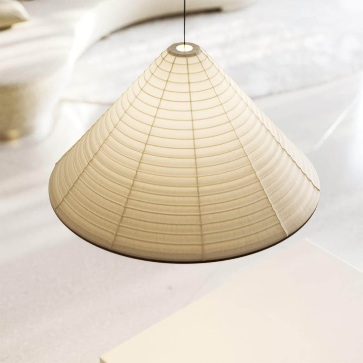 Elevated view of the Washi paper pendant shade showing its circular frame and layered ribbed construction