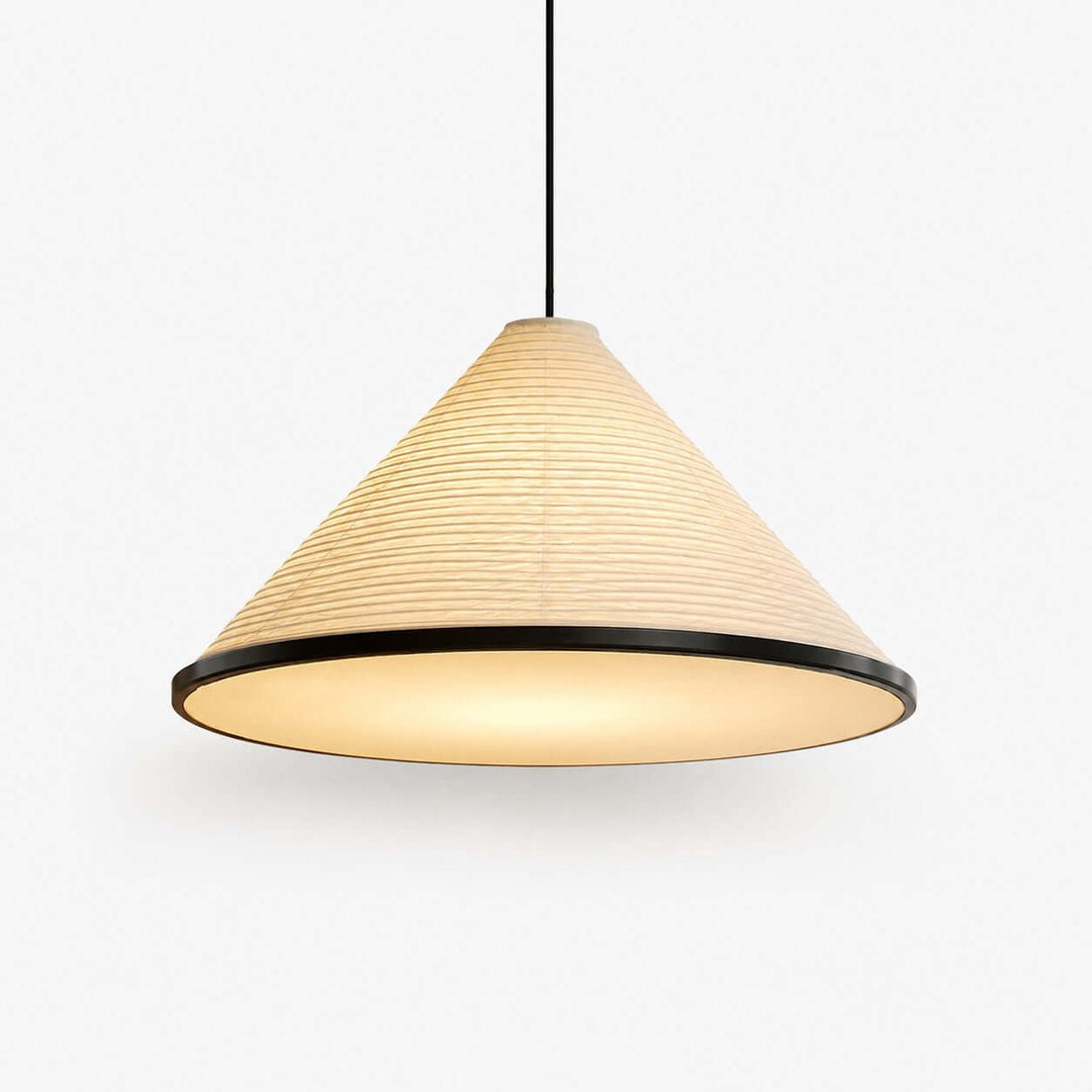 Washi Paper Hat Pendant Lamp with a ribbed cone shade, black trim and softly illuminated bottom diffuser