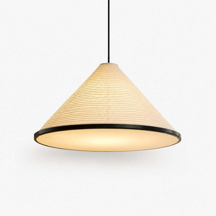 Washi Paper Hat Pendant Lamp with a ribbed cone shade, black trim and softly illuminated bottom diffuser
