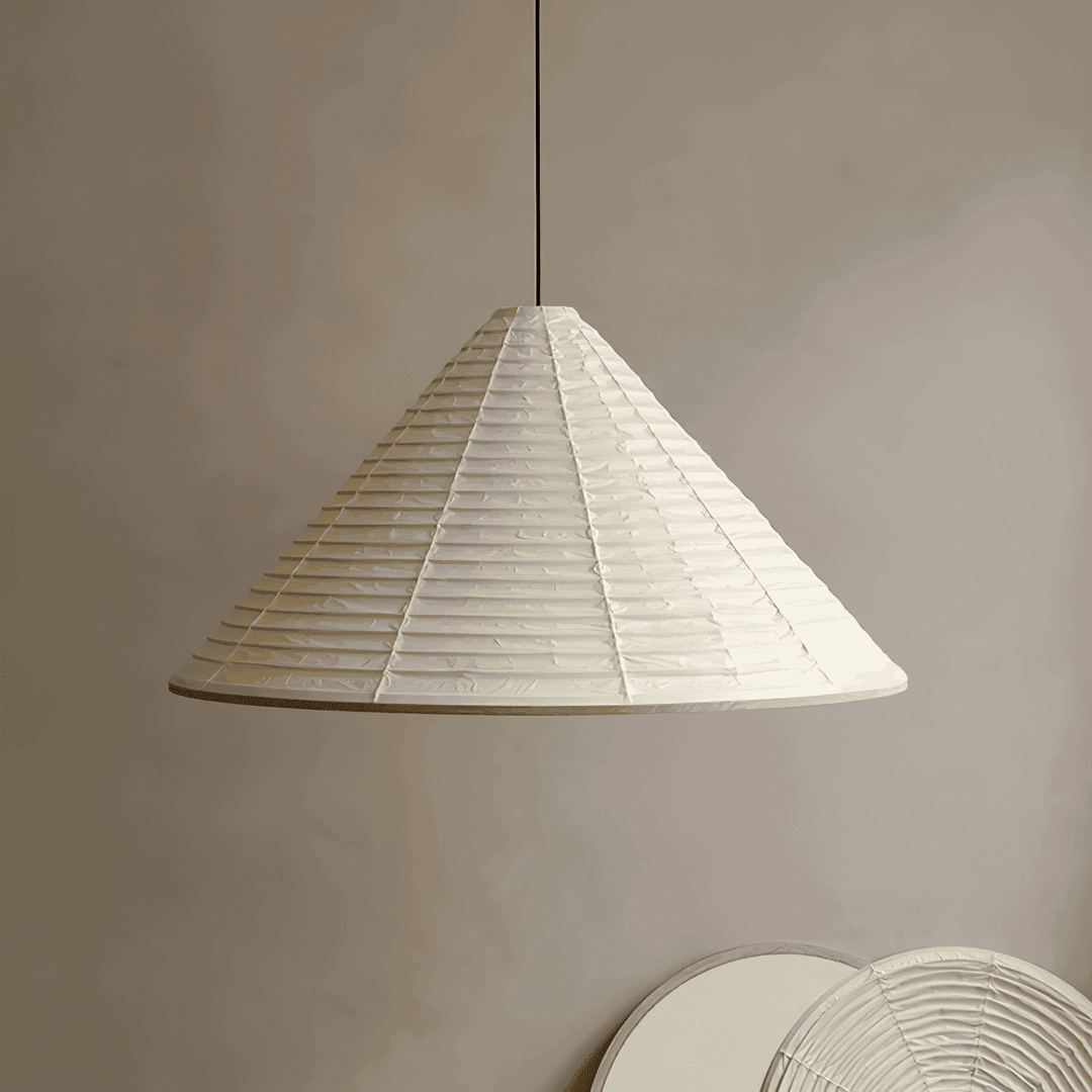 Close-up of the handcrafted ribbed paper texture and geometric frame of the Washi pendant shade