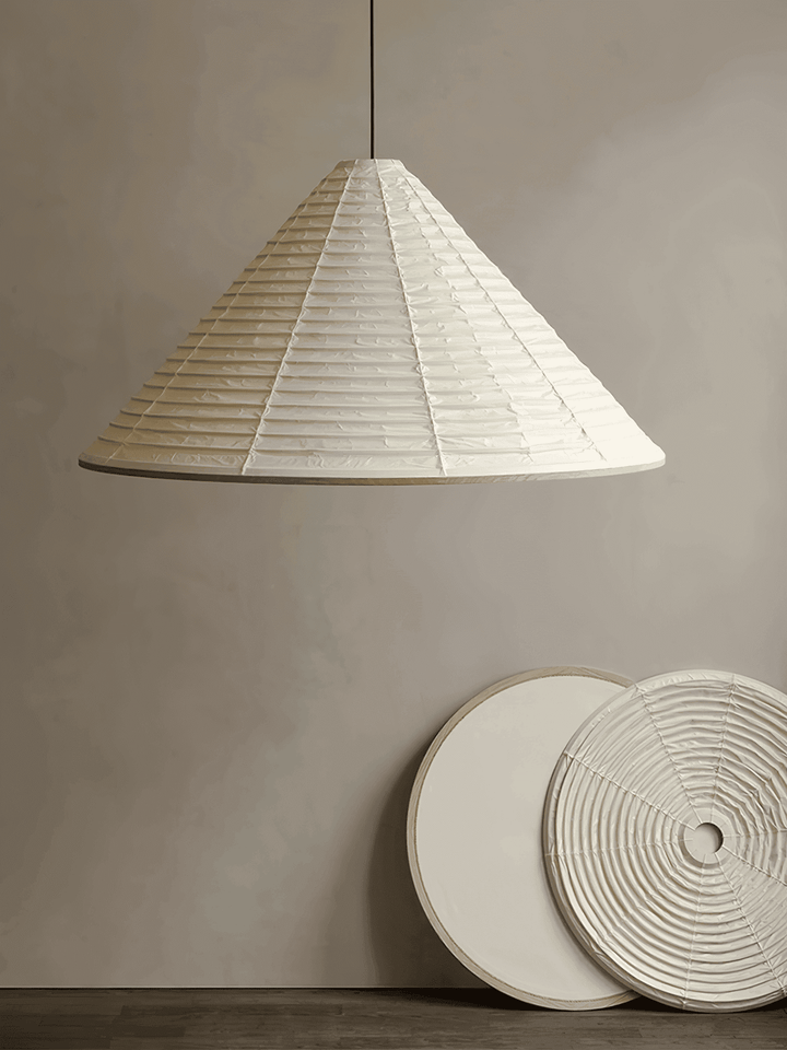 Washi paper pendant shade displayed with its circular bottom diffuser and ribbed frame construction