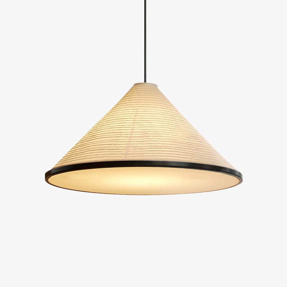Washi Paper Hat Pendant Lamp with a warm glowing diffuser and black trim on a clean white background