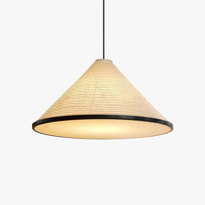 Washi Paper Hat Pendant Lamp with a warm glowing diffuser and black trim on a clean white background