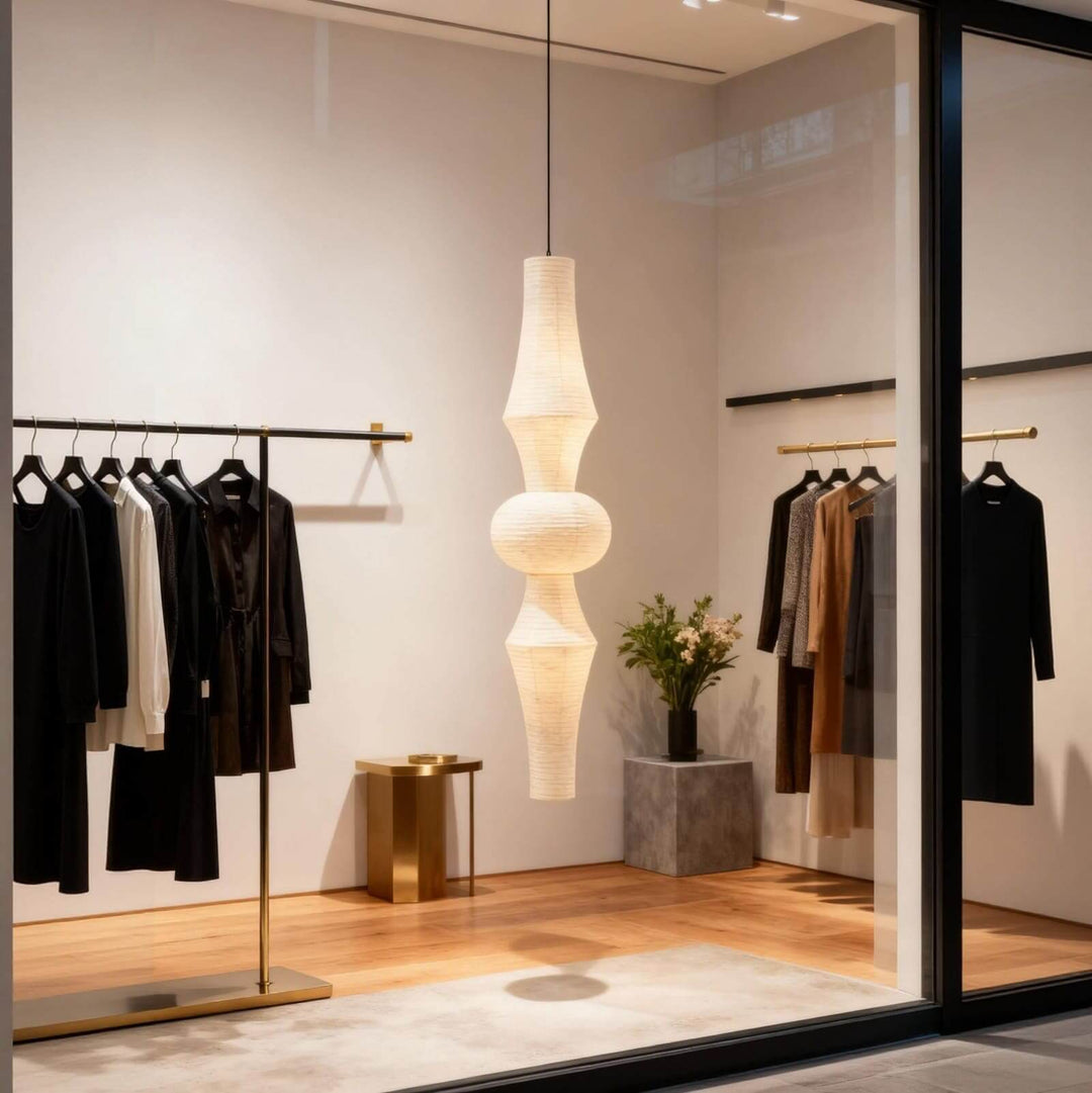 Sculptural Washi paper pendant light adding soft ambient light to a dark modern living room corner