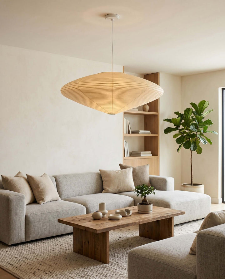 Washi paper pendant light above a sofa in a neutral living room.