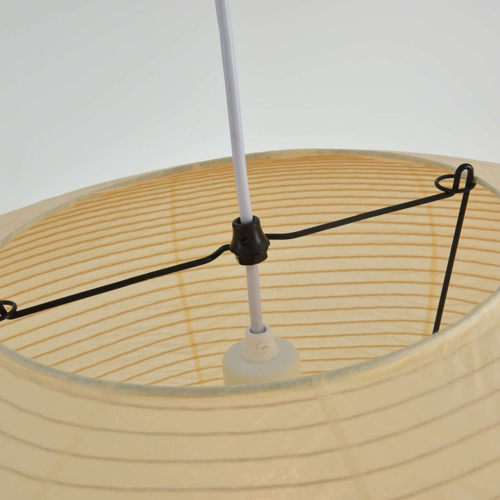 Close-up of the top frame and cord connection on the washi paper shade.