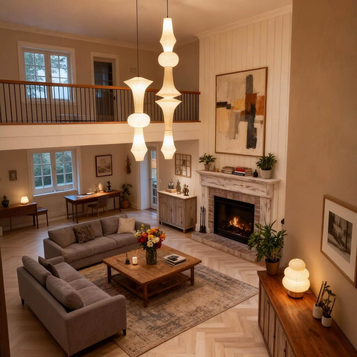 Two glowing Washi paper pendant lights suspended in a double-height living room with a fireplace