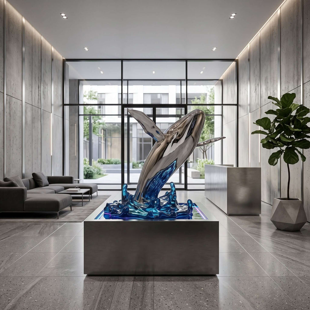 Large silver and blue whale art sculpture on a square pedestal in a glass-fronted commercial lobby.