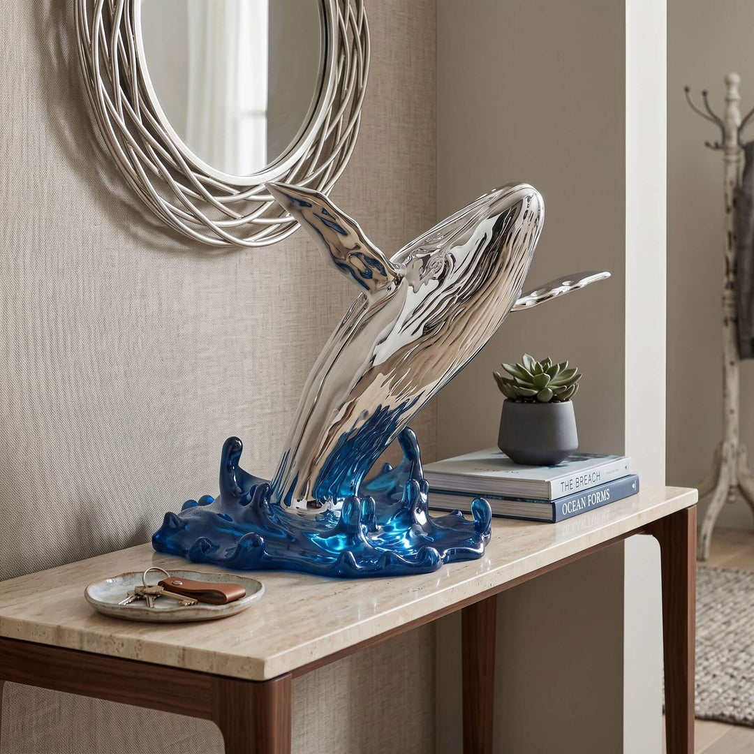 Silver whale sculpture with a blue wave base styled on an entryway console beneath a round mirror.