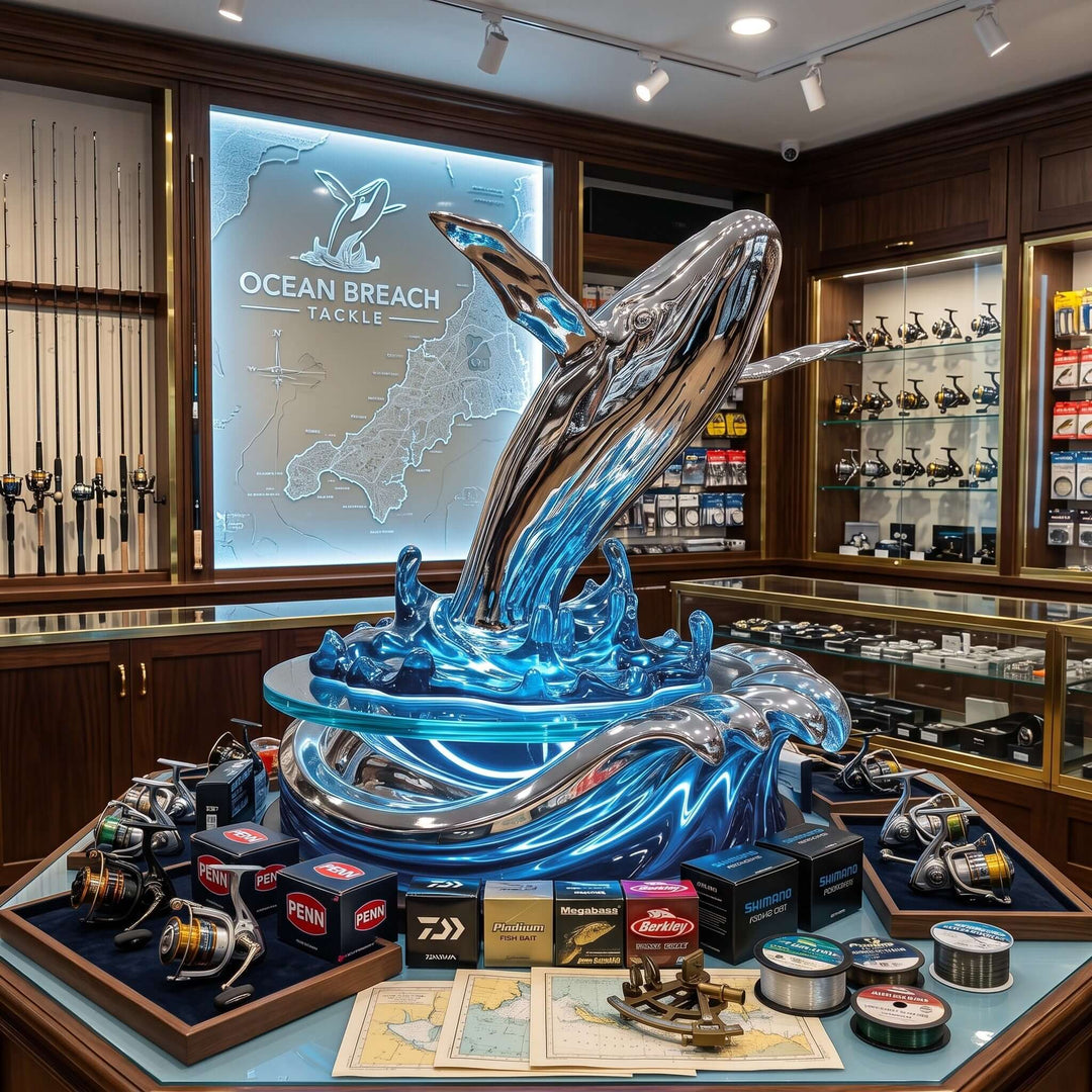 Silver and blue whale sculpture displayed among fishing gear in a wood-paneled tackle shop.