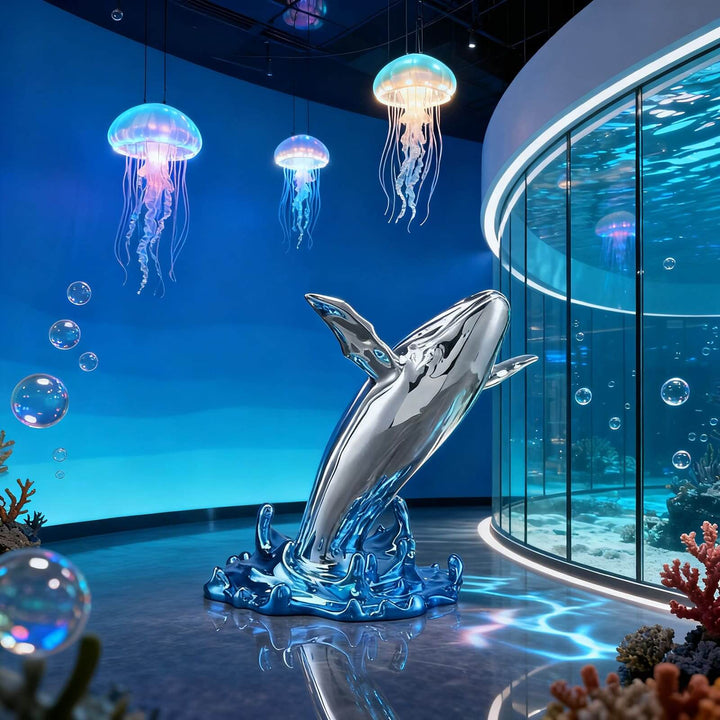 Silver whale sculpture with a blue wave base displayed in an ocean-themed aquarium exhibit.
