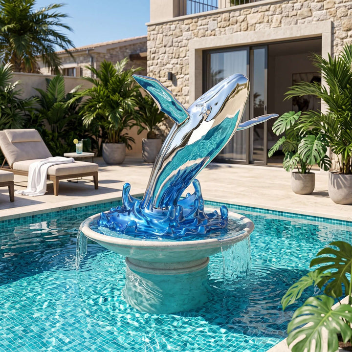 Large silver and blue whale sculpture displayed on a fountain pedestal in a sunny outdoor swimming pool.
