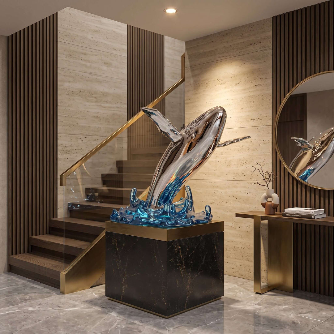 Large whale sculpture on a black-and-gold pedestal beside a modern staircase and round wall mirror.