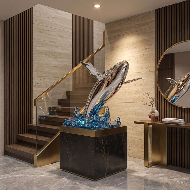 Large whale sculpture on a black-and-gold pedestal beside a modern staircase and round wall mirror.