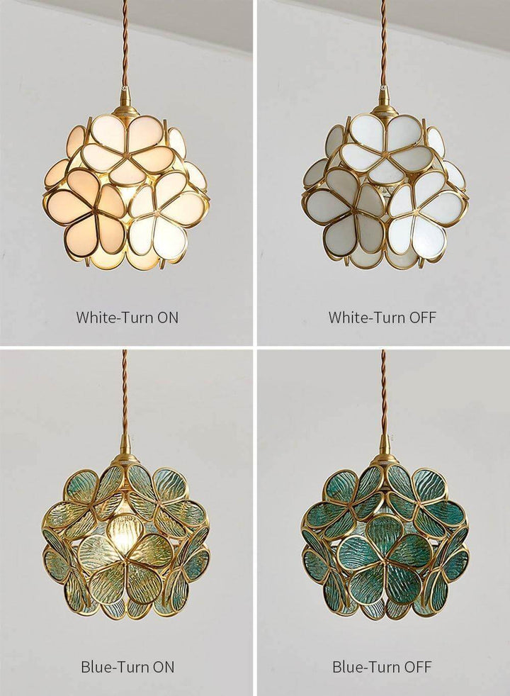 White and blue glass petal pendant lights shown with the light on and off