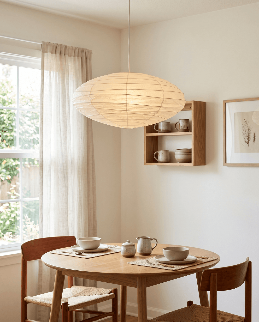 White cord washi paper pendant light above a small breakfast table.