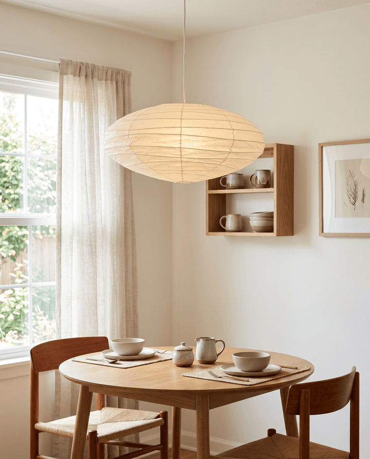 White cord washi paper pendant light above a small breakfast table.