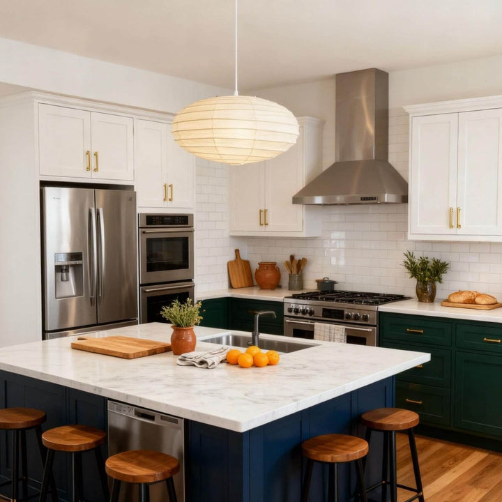 White cord washi paper pendant light above a kitchen island.