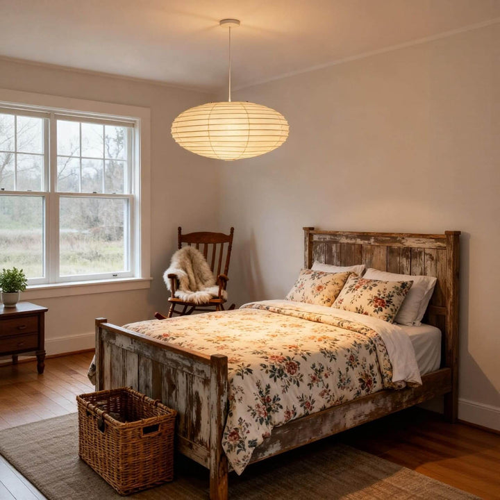 White cord washi paper pendant light in a vintage-style bedroom.