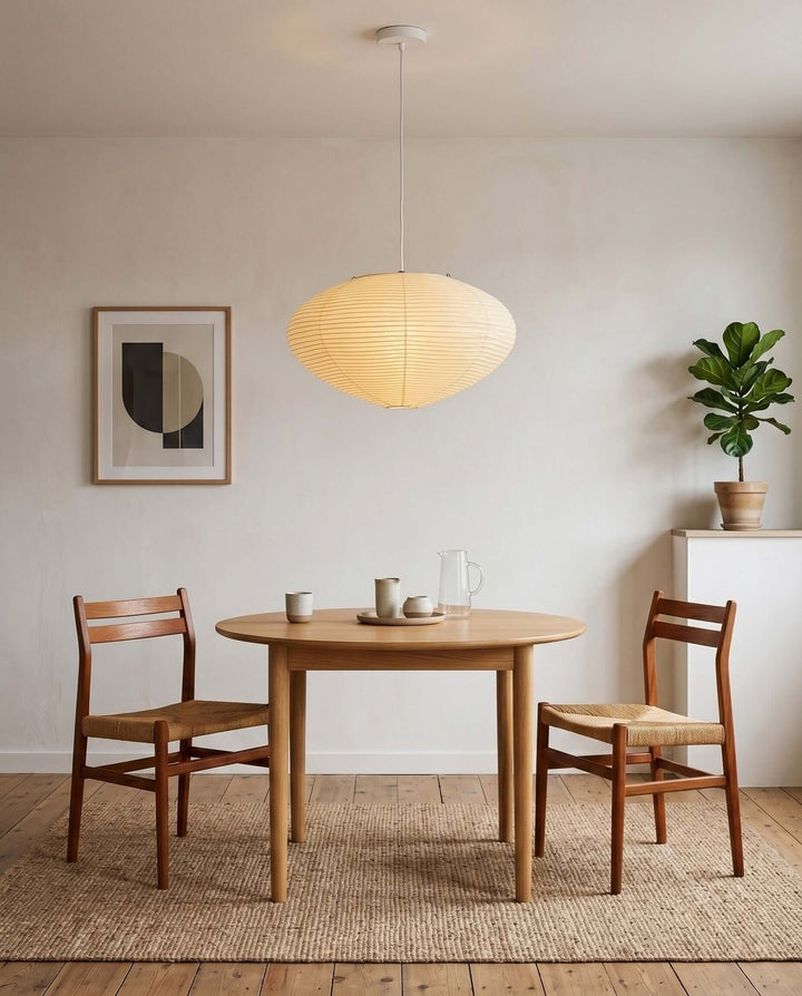 White cord washi paper pendant light above a round dining table.