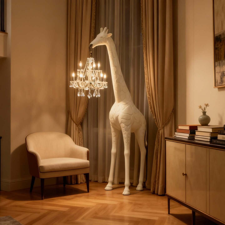 White giraffe crystal floor lamp creating warm ambient light in an evening interior