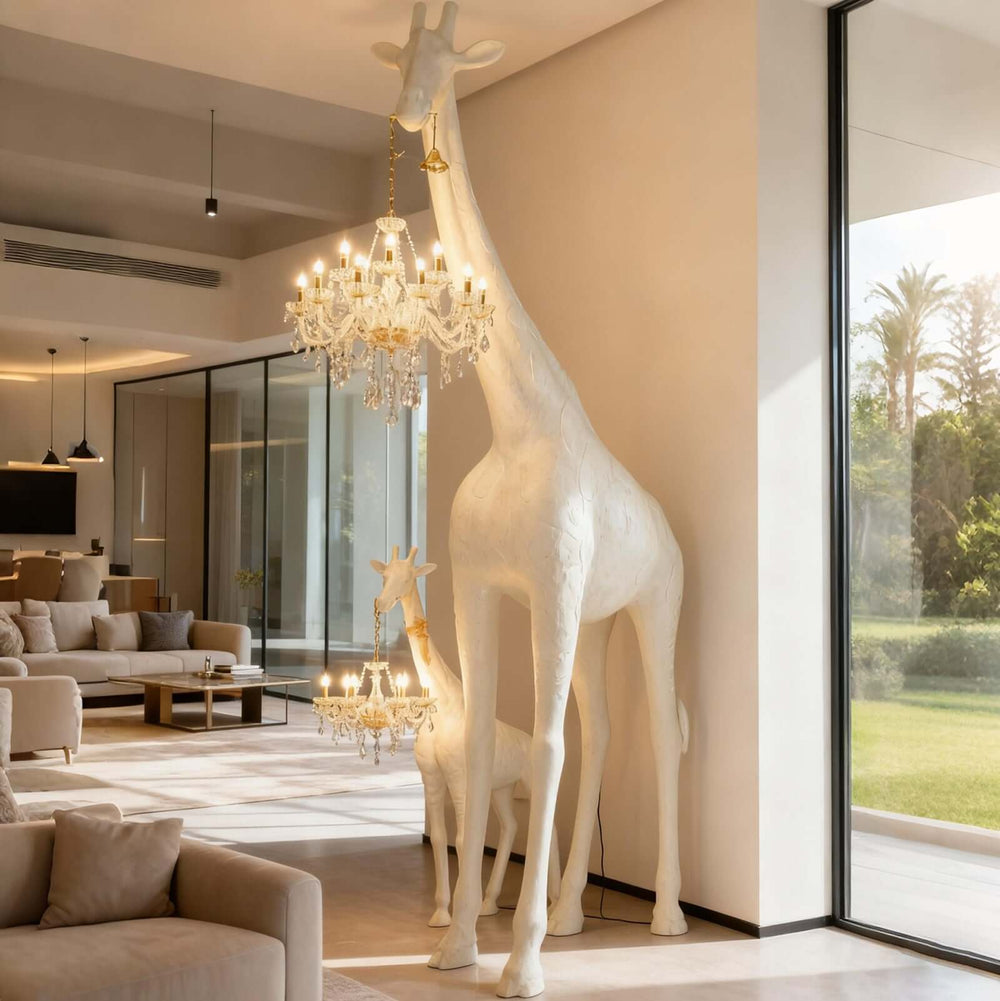 Two white giraffe floor lamps in different heights displayed in a modern living room