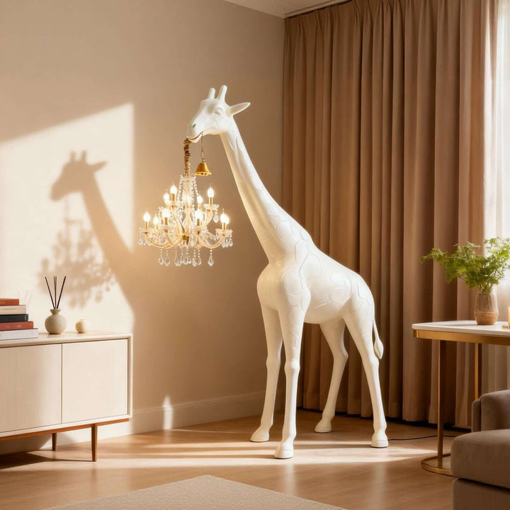 Tall white giraffe floor lamp casting warm crystal light in a sunlit living room