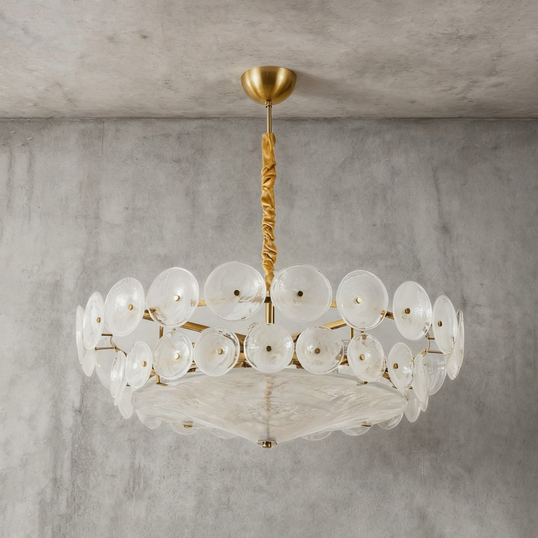Bottom view of a white glass chandelier showing its circular discs and diffuser