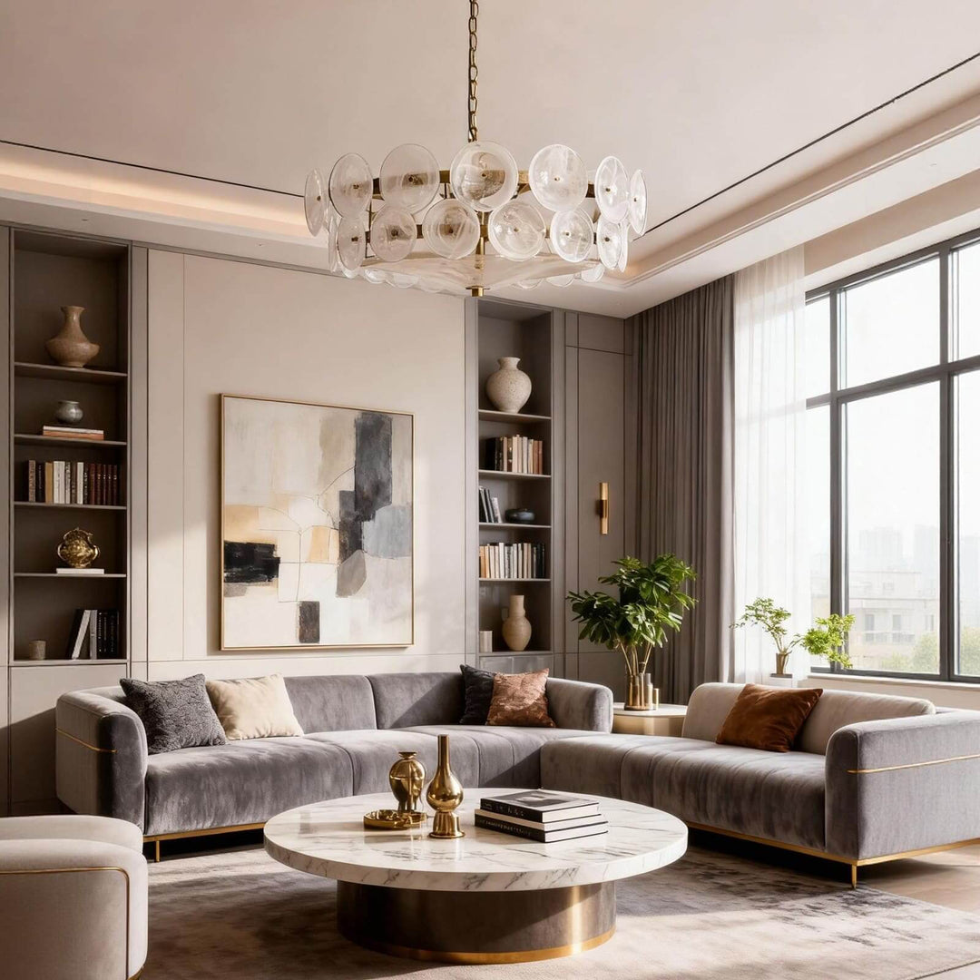 White glass chandelier with circular discs in a bright contemporary living room