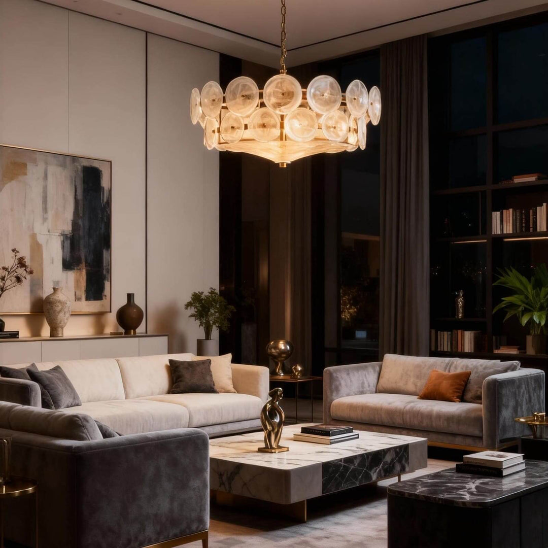 White glass living room chandelier illuminated with a warm evening glow