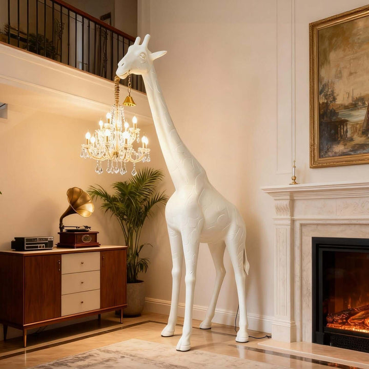 White and gold giraffe floor lamp beside a fireplace in a classic living room