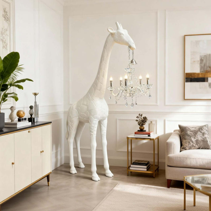 White and silver giraffe crystal floor lamp beside a sofa in an elegant living room