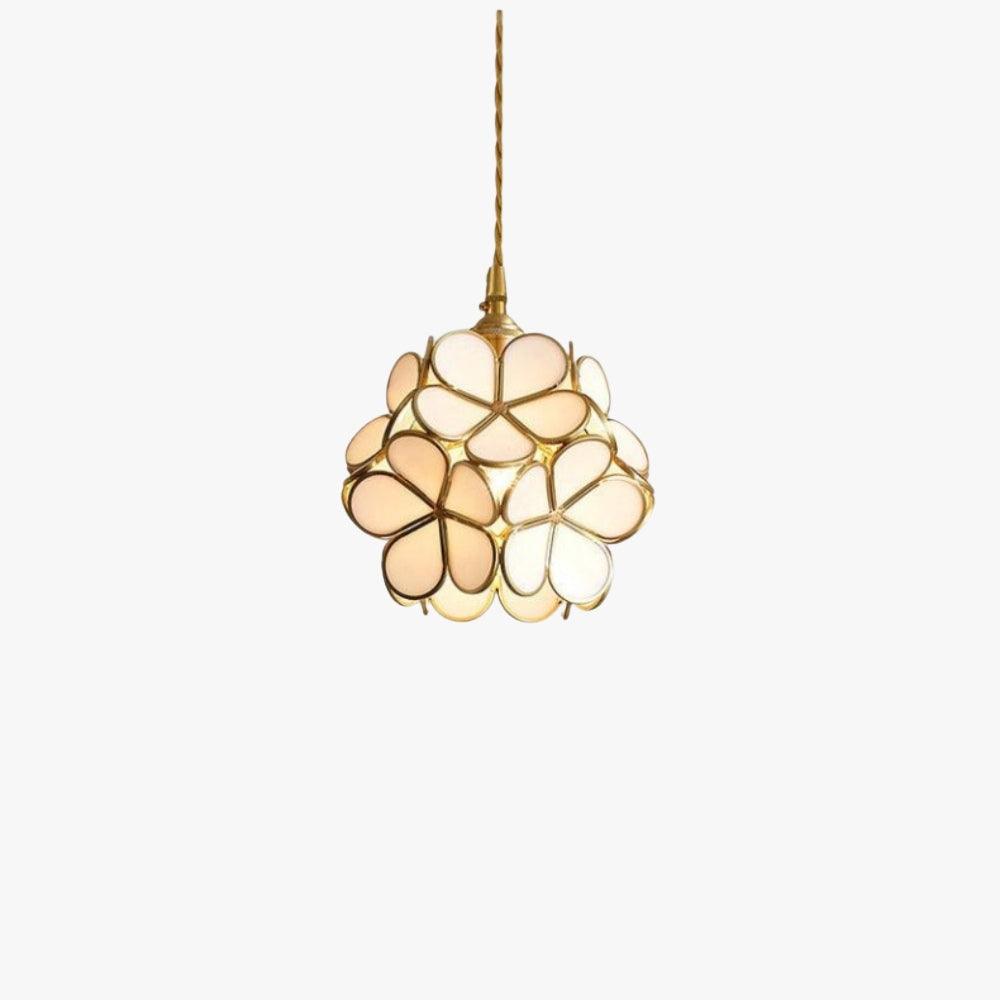 White stained glass petal pendant light with floral shade and antique brass frame