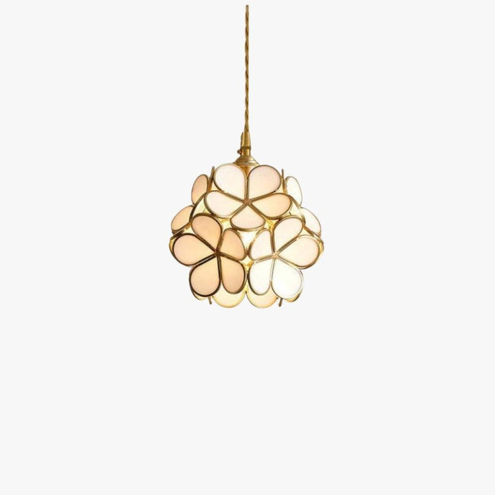 White stained glass petal pendant light with floral shade and antique brass frame