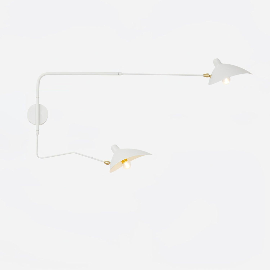 White two-light adjustable wall sconce with long arms and brass shade joints