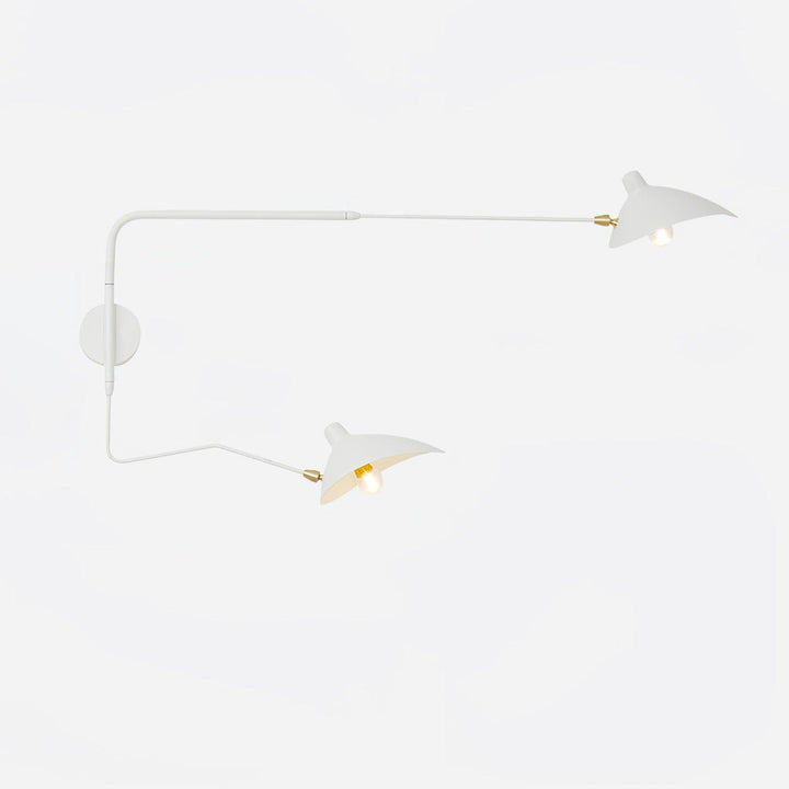 White two-light adjustable wall sconce with long arms and brass shade joints