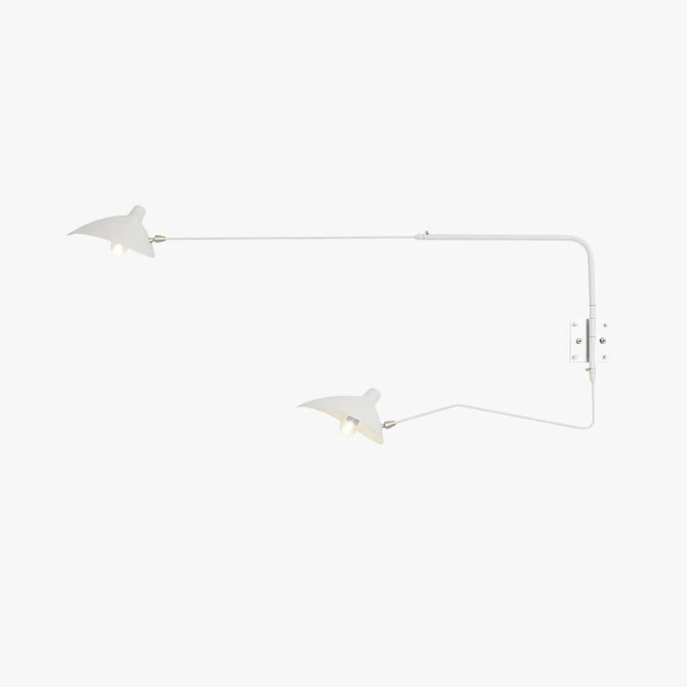Wide white two-light swing arm wall sconce with adjustable directional shades