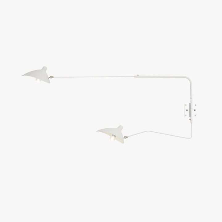 Wide white two-light swing arm wall sconce with adjustable directional shades