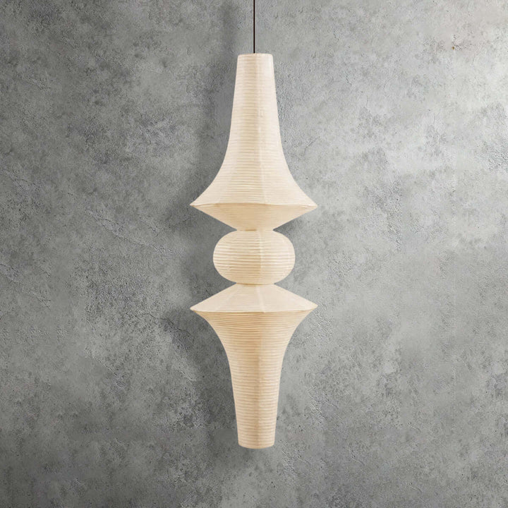 Unlit white Washi paper pendant light with a wide upper shade, rounded center and tapered lower section