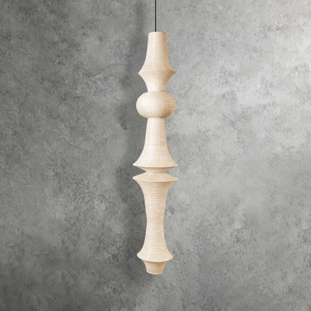 White Washi paper pendant light with a slender geometric profile and rounded paper shade at the center