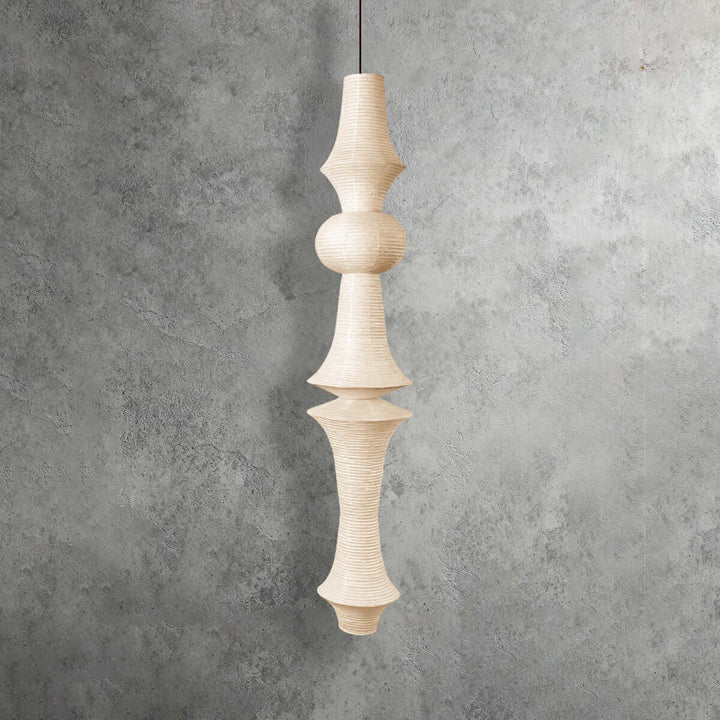 White Washi paper pendant light with a slender geometric profile and rounded paper shade at the center
