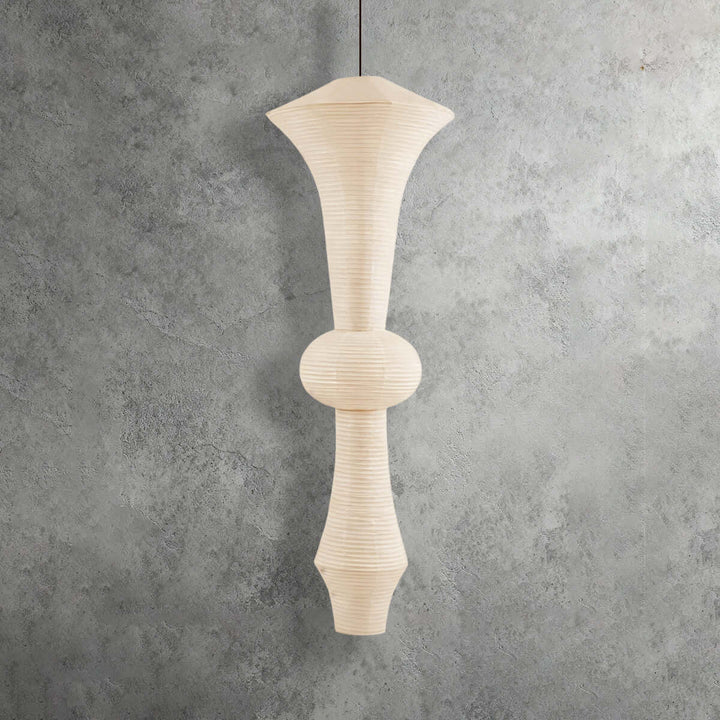 Three white Washi paper pendant light variants displayed side by side against a textured gray background
