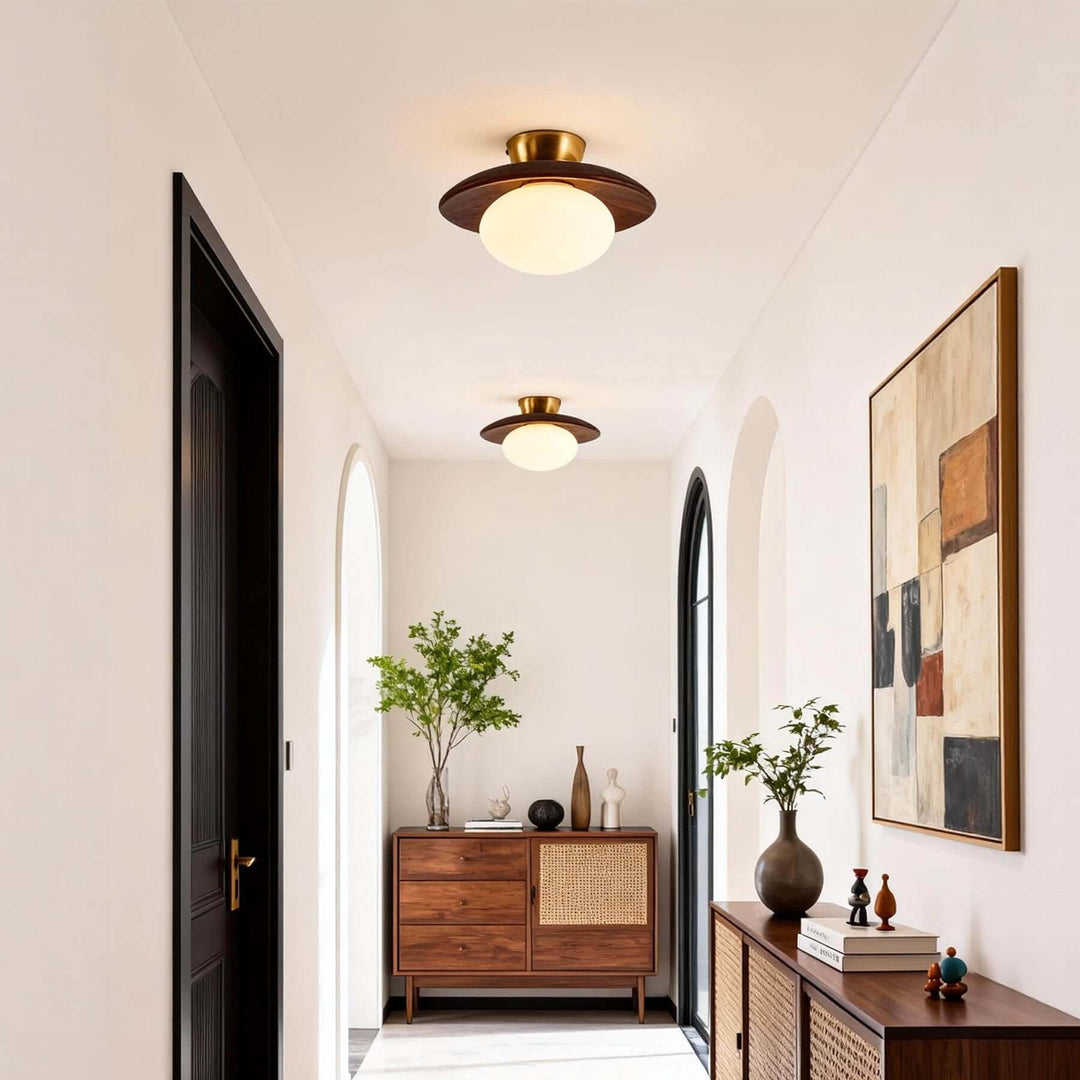 Two brown wood flush mount ceiling lights along a narrow hallway
