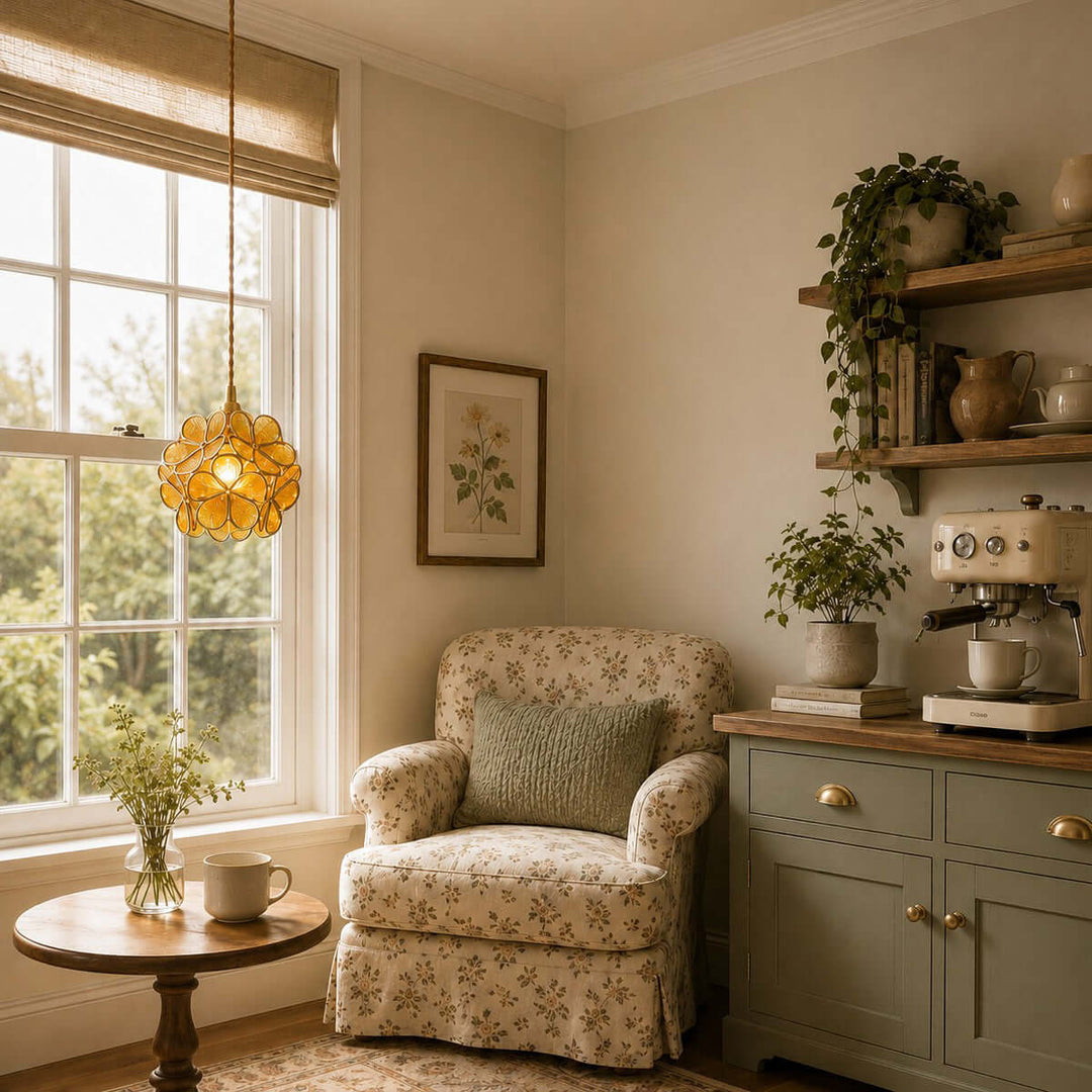 Yellow stained glass petal pendant light beside a floral chair in a cozy reading nook