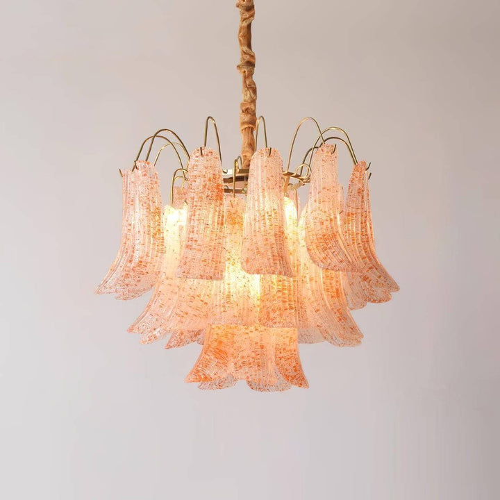 Yellow Murano glass chandelier with textured curved panels and brass hardware