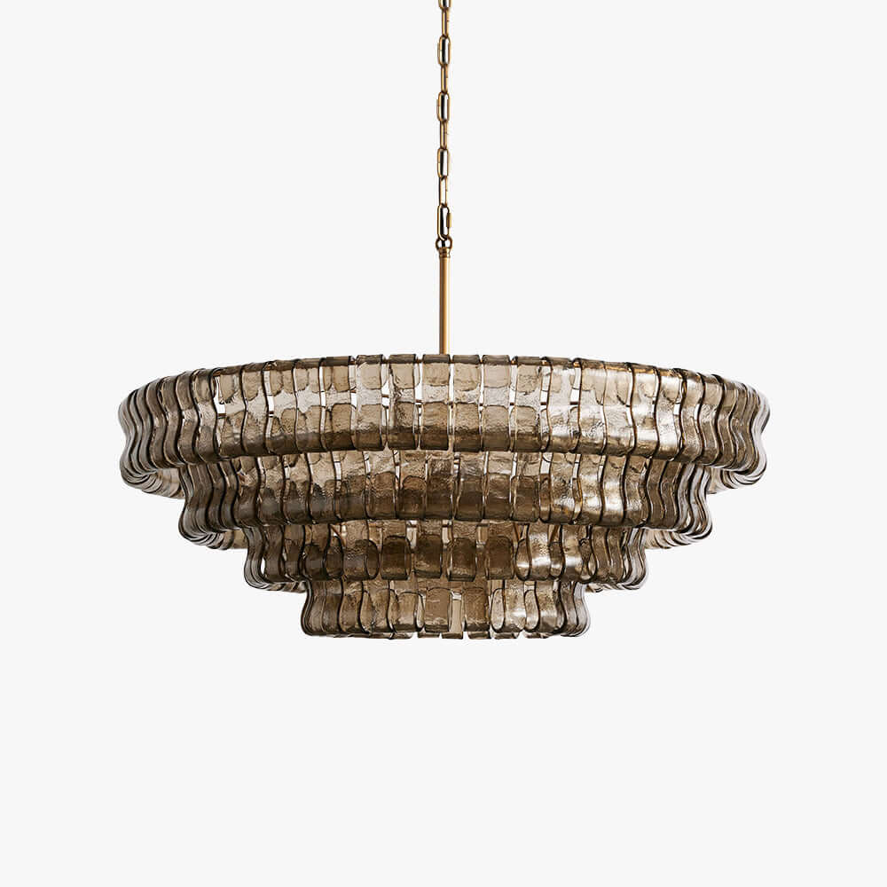 Smoky glass round chandelier with tiered wavy panels and a gold chain on a light background