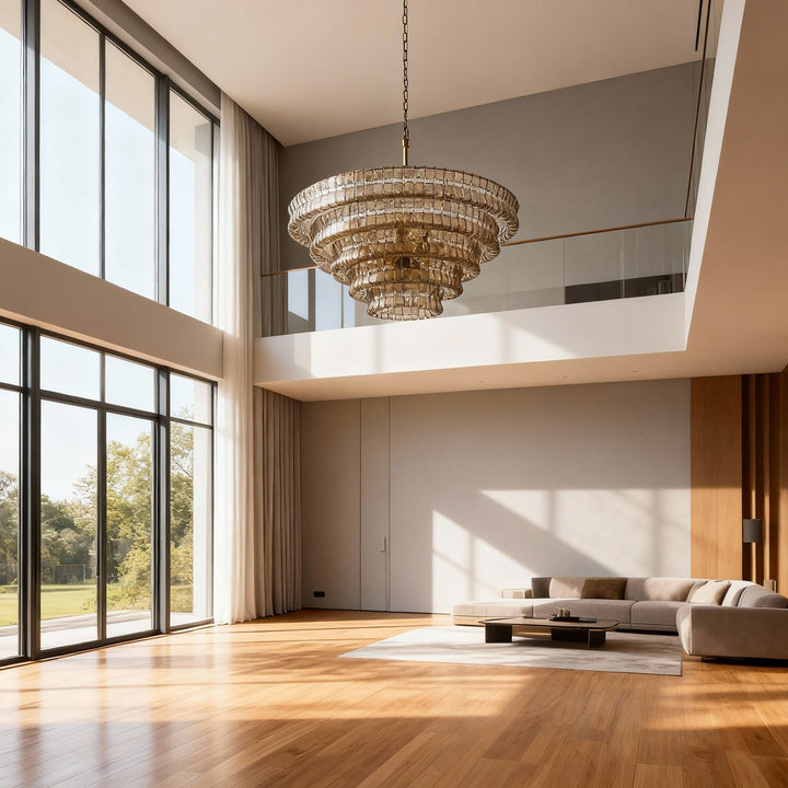 Large smoky glass chandelier suspended in a high ceiling living room with tall windows