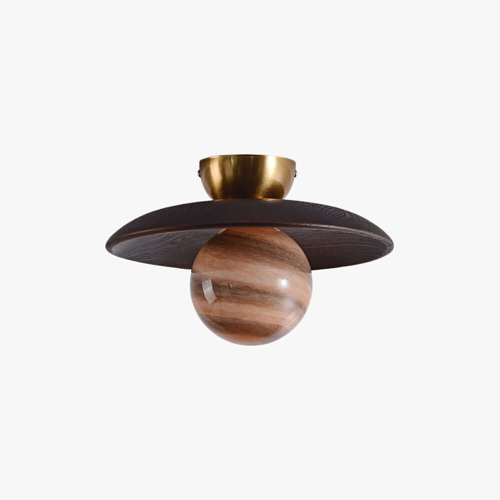 Brown Zolira ceiling light with a dark wood canopy and amber art glass globe on a white background