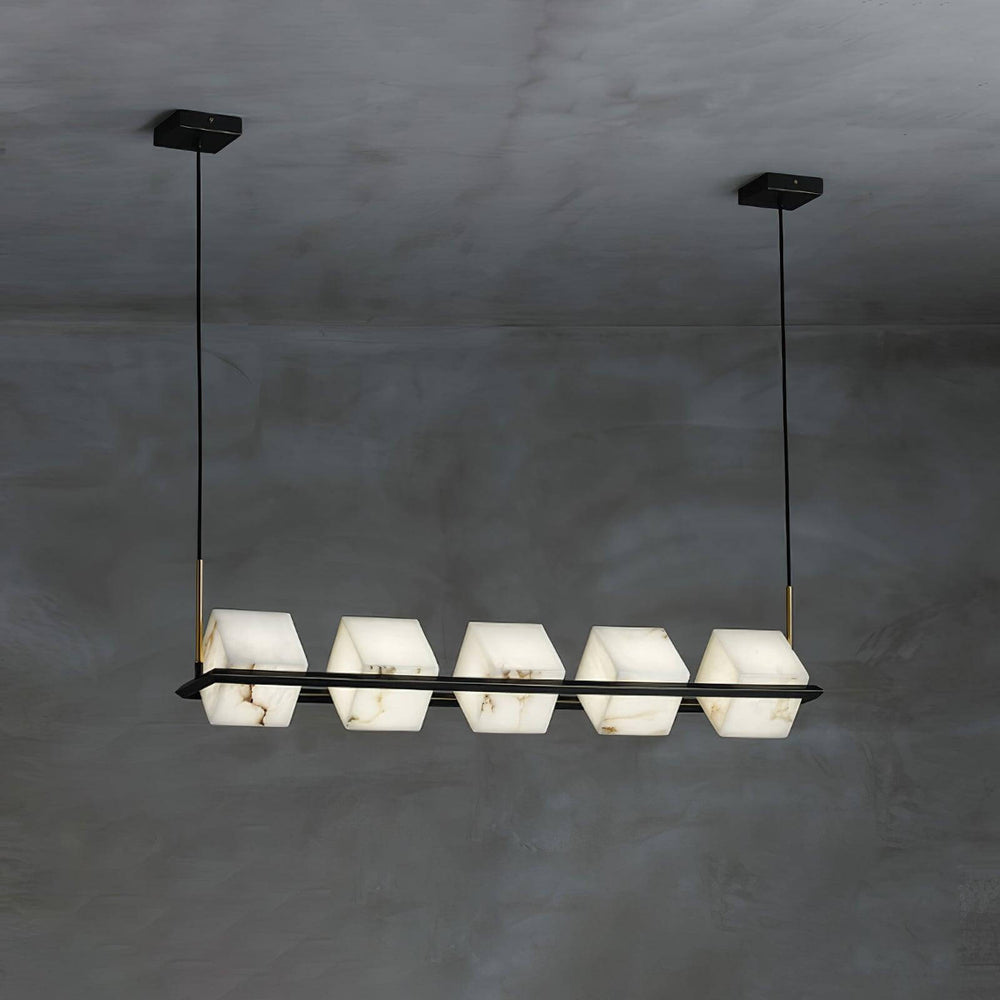 Mid century modern alabaster square box chandelier with black accents for elegant lighting.
