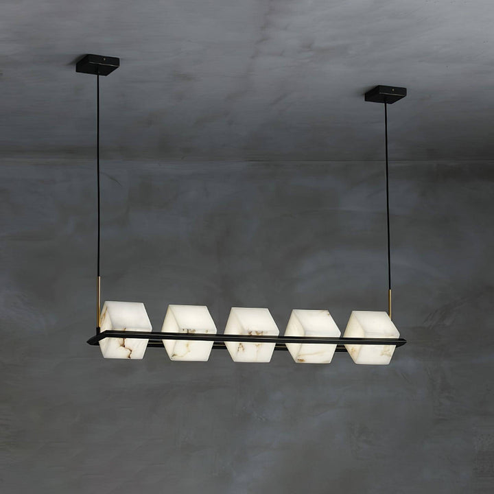 Mid century modern alabaster square box chandelier with black accents for elegant lighting.